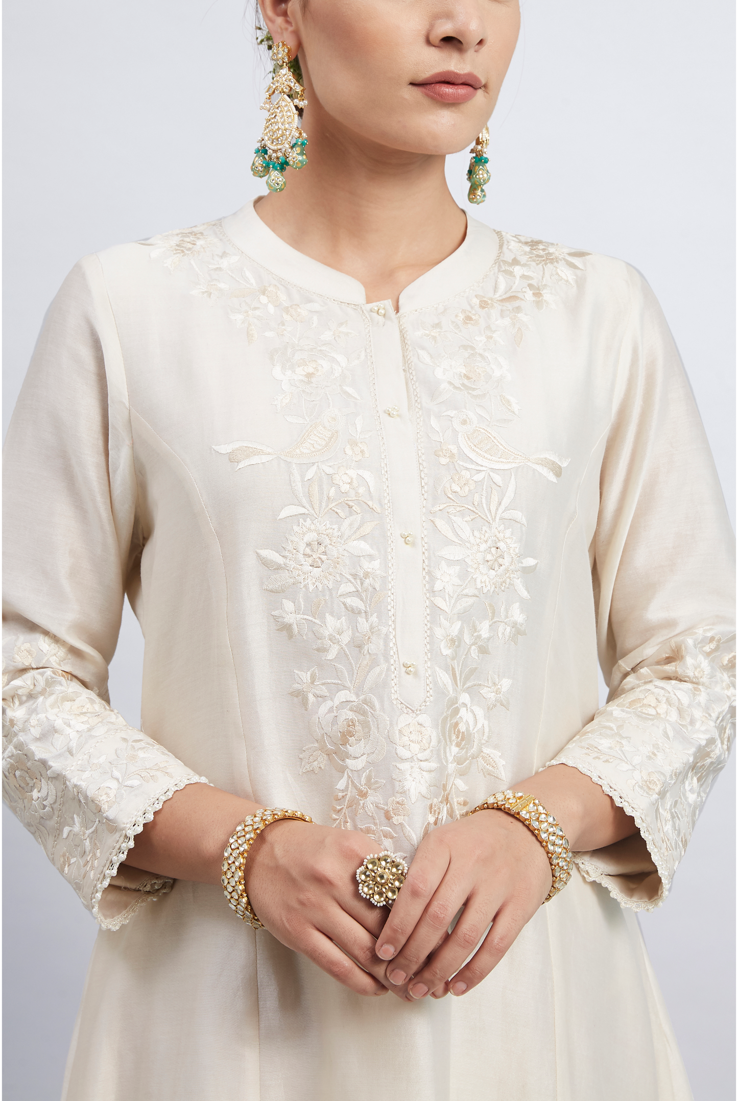 Kaina Pure Chanderi Silk Parsi Gara Embroidered Ensemble - Daisy Ivory