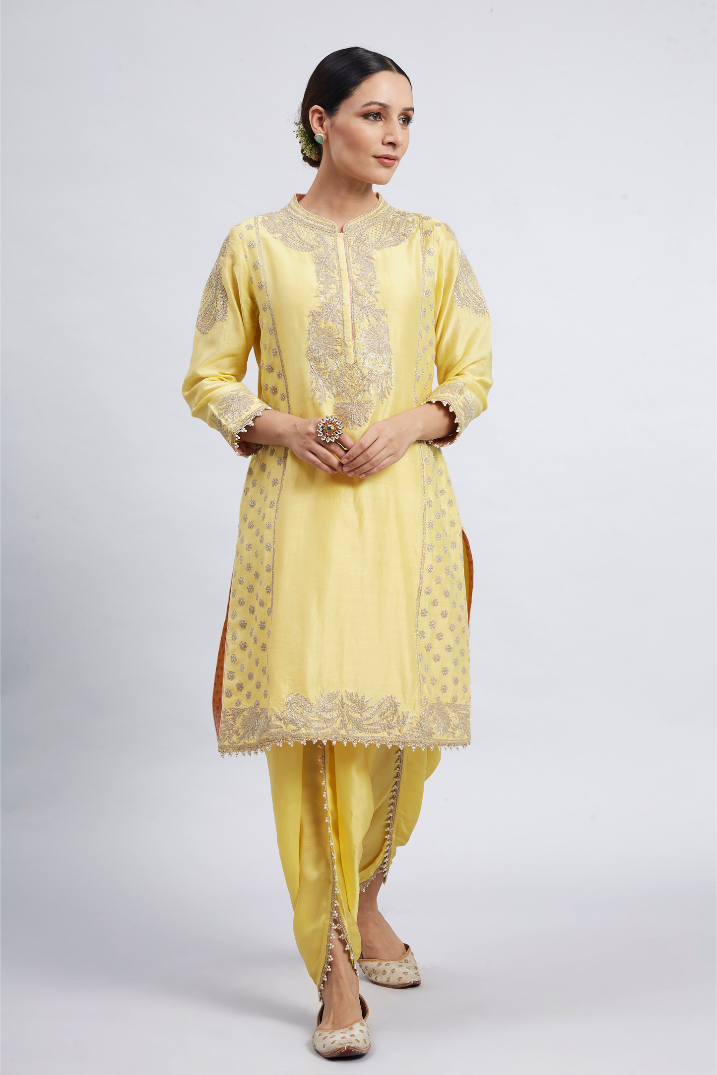 Aabish Pearl Embroidered Kurta Set - Daffodil Yellow