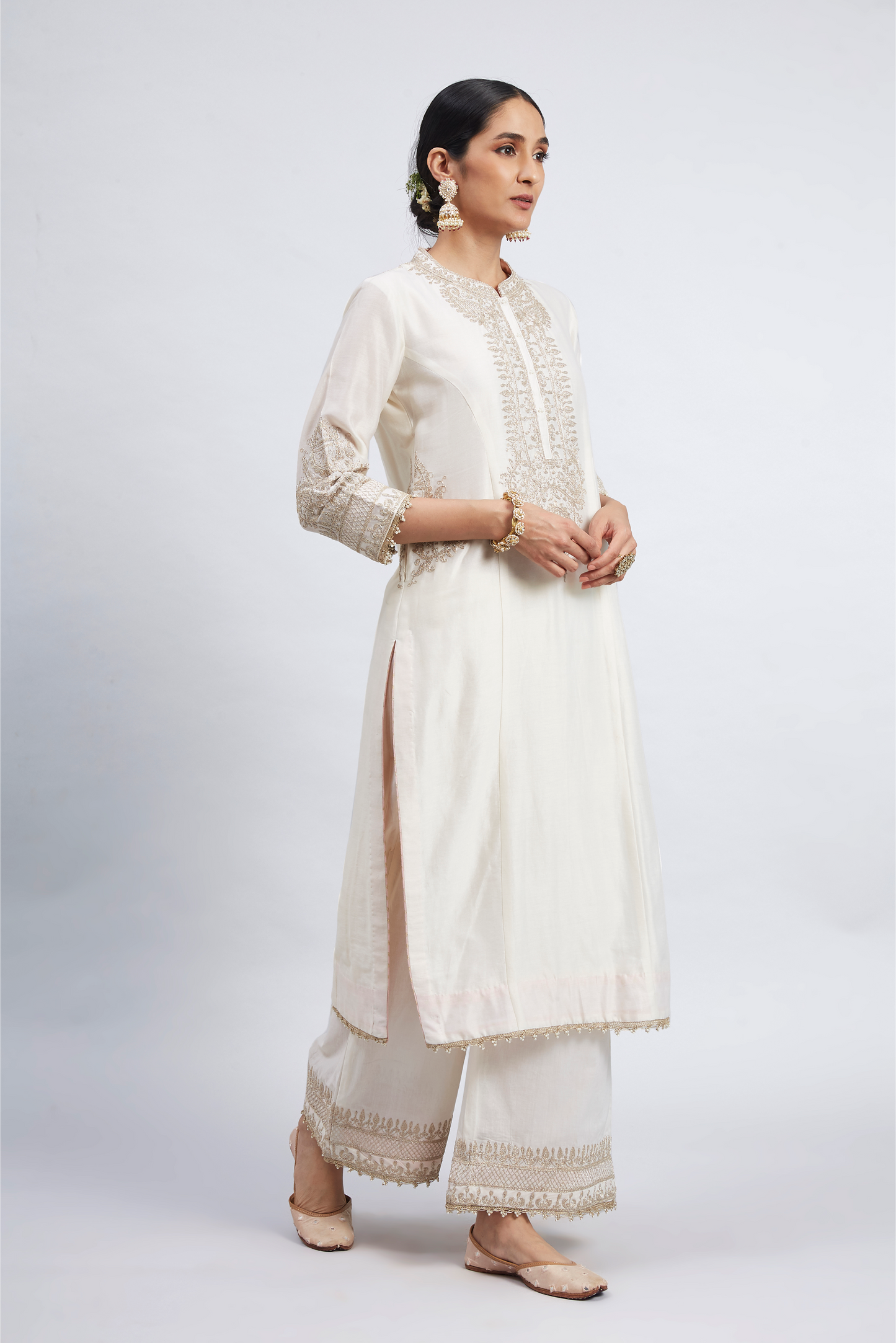 Aadah Princess Cut Long Kurta Set - Daisy Ivory