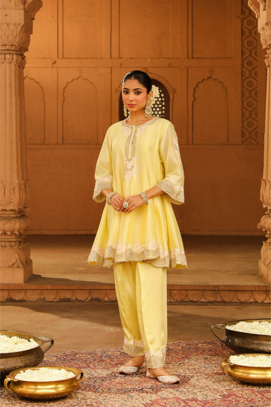 Faria Short Anarkali with salwar and dupatta - Lemon Yellow