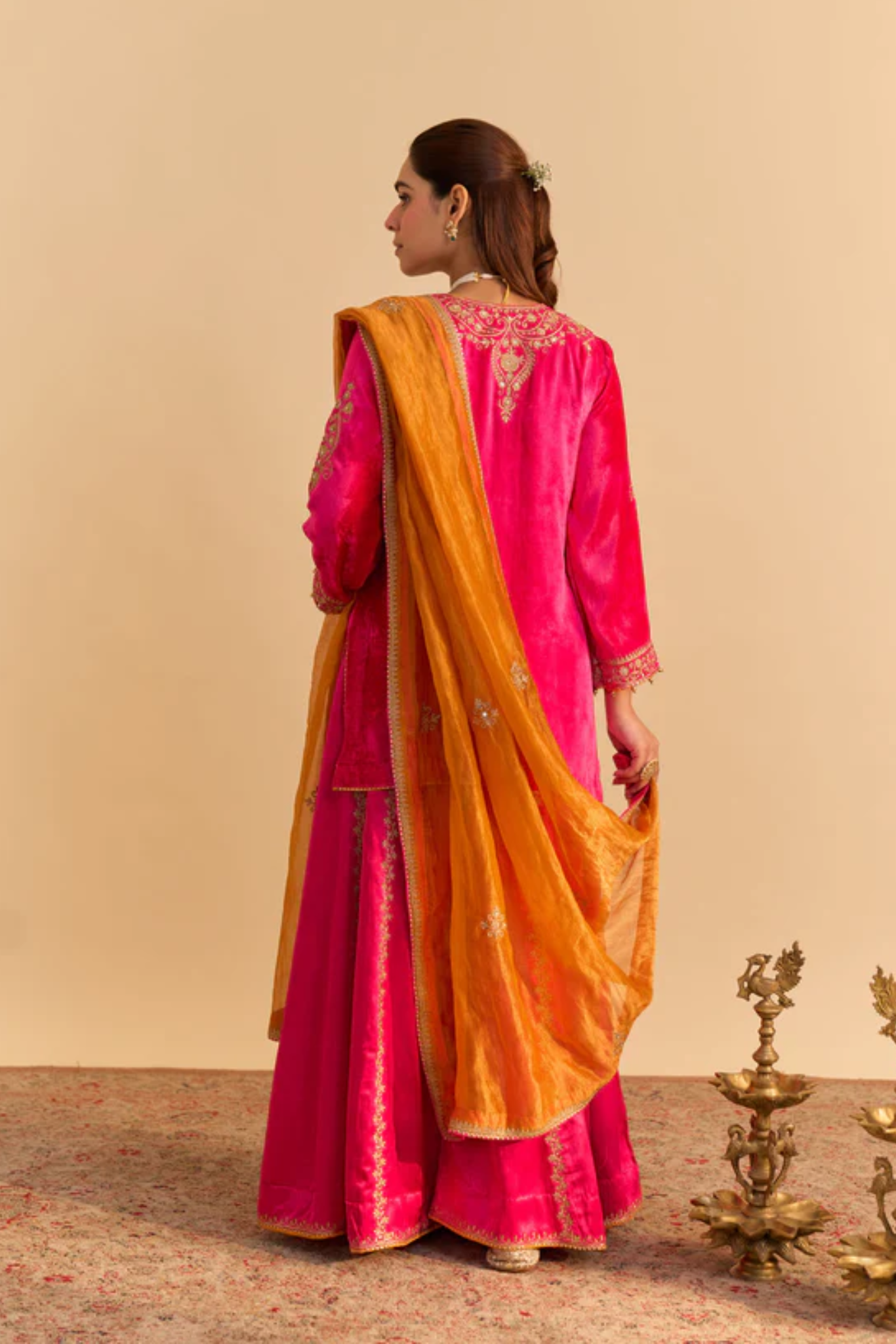 Aroob - Silk Velvet Hotpink Kurta With Sharara And Dupatta