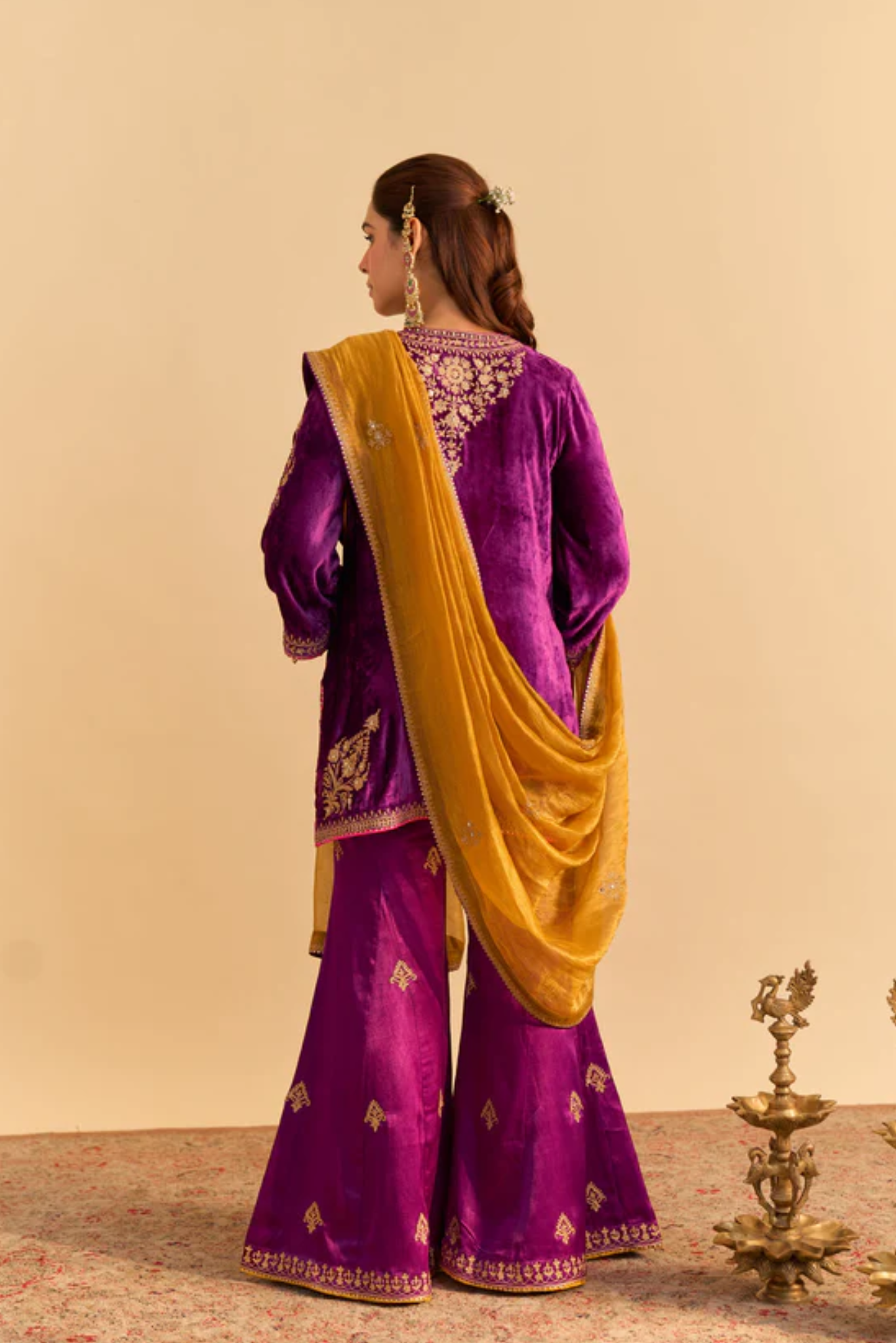 Nooren - Silk Velvet Deep Purple Kurta With Flared Palazzo And Dupatta