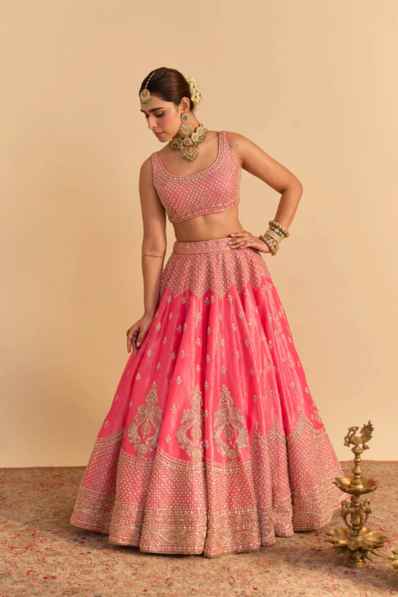 Aashina - Dabka Zardozi Embroidered Pure Tissue Carrot Pink Lehenga Set