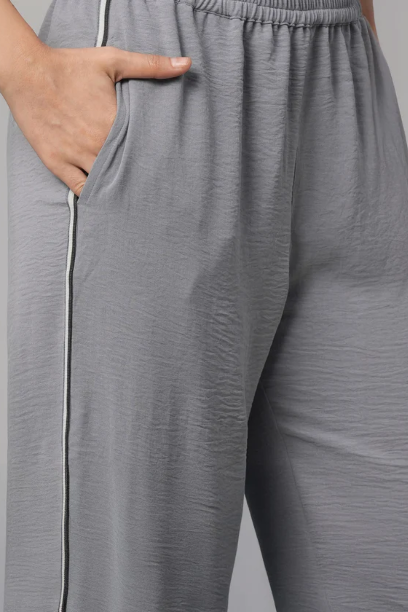 Grey Tie Up Top with Loose Pants Cord Set