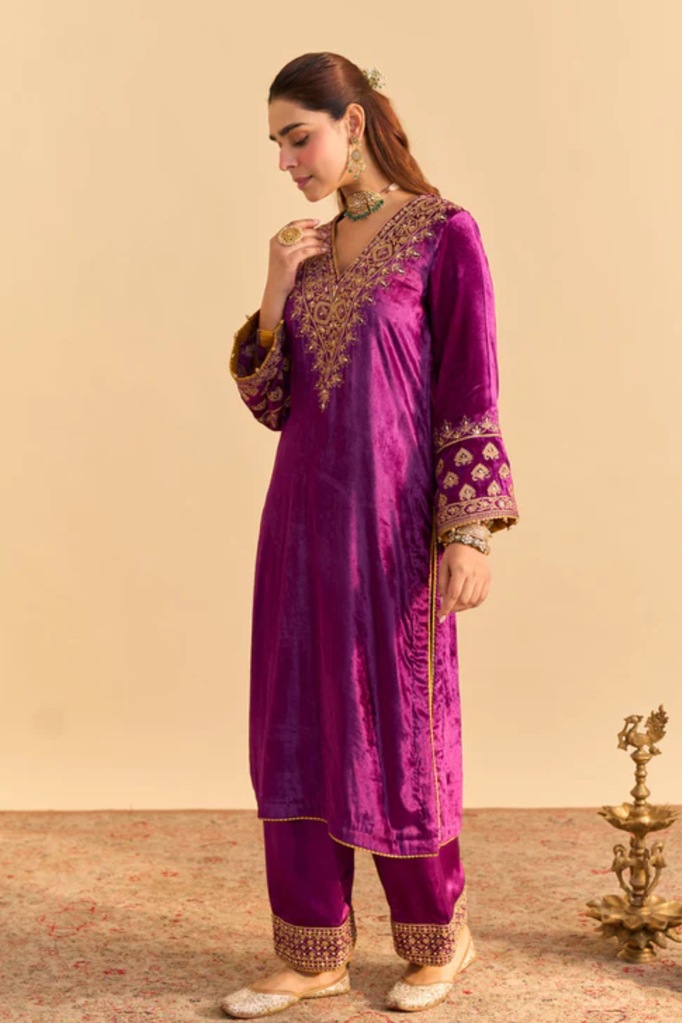 Aynaz - Silk Velvet Deep Purple Kurta With Salwar