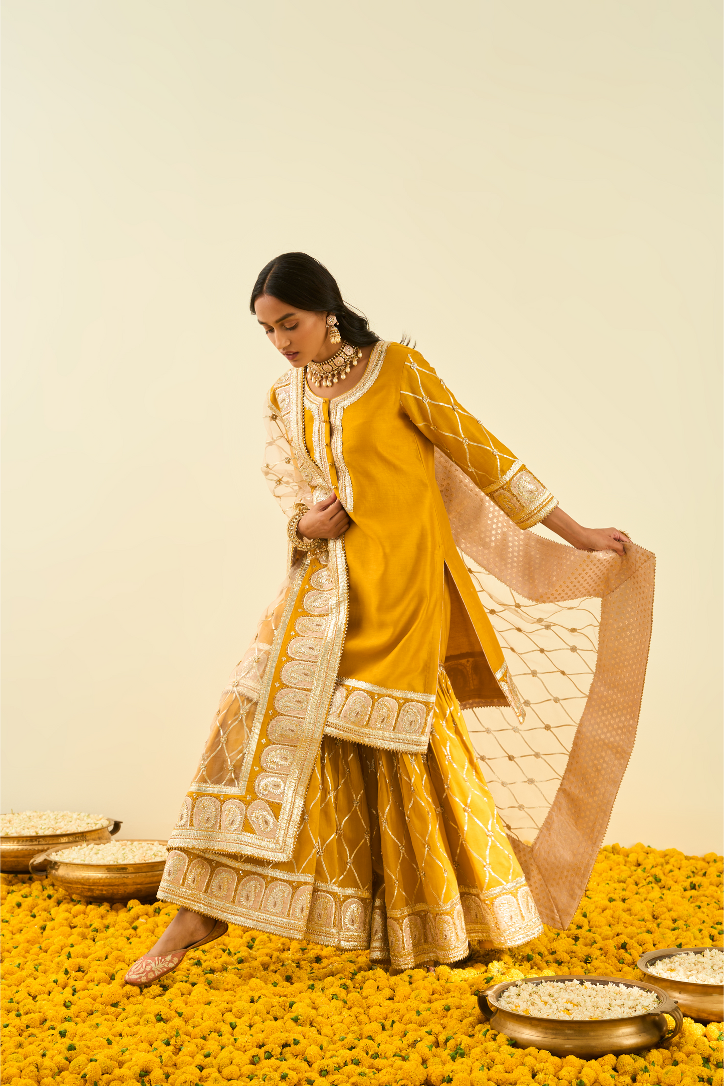 Shabina Kurta with Garara and Dupatta - Glaze Mustard