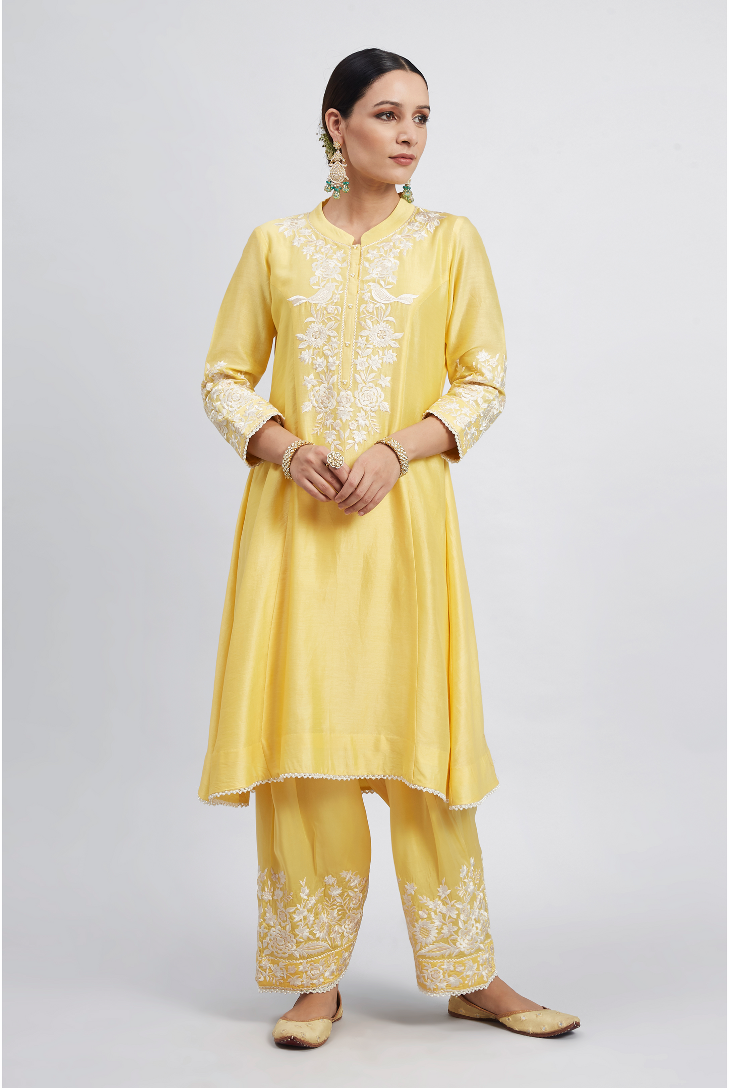 Kaina Pure Chanderi Silk Parsi Gara Embroidered Ensemble - Daffodil Yellow