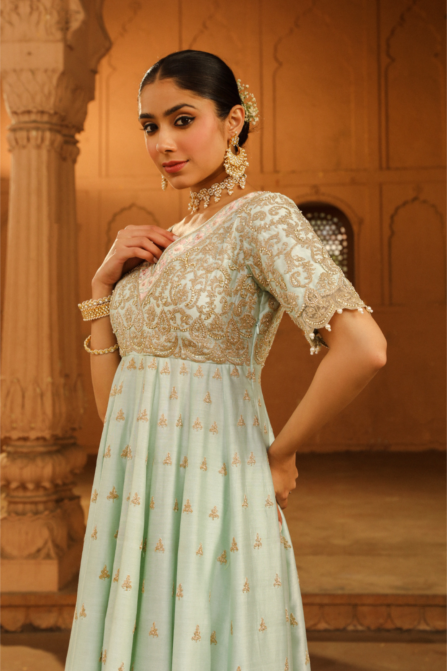 Wasifa Long Anarkali with chooridaar and dupatta - Misty Green