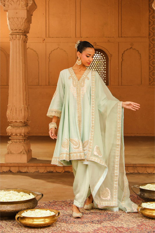 Fajr Short Anarkali with salwar and dupatta - Misty Green