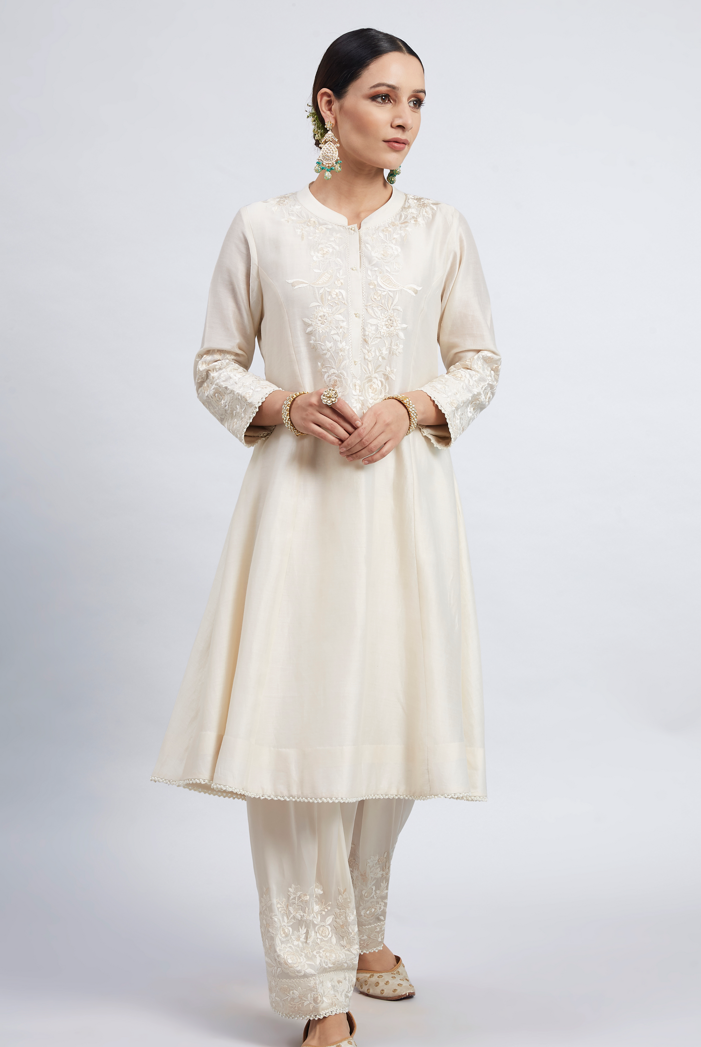 Kaina Pure Chanderi Silk Parsi Gara Embroidered Ensemble - Daisy Ivory