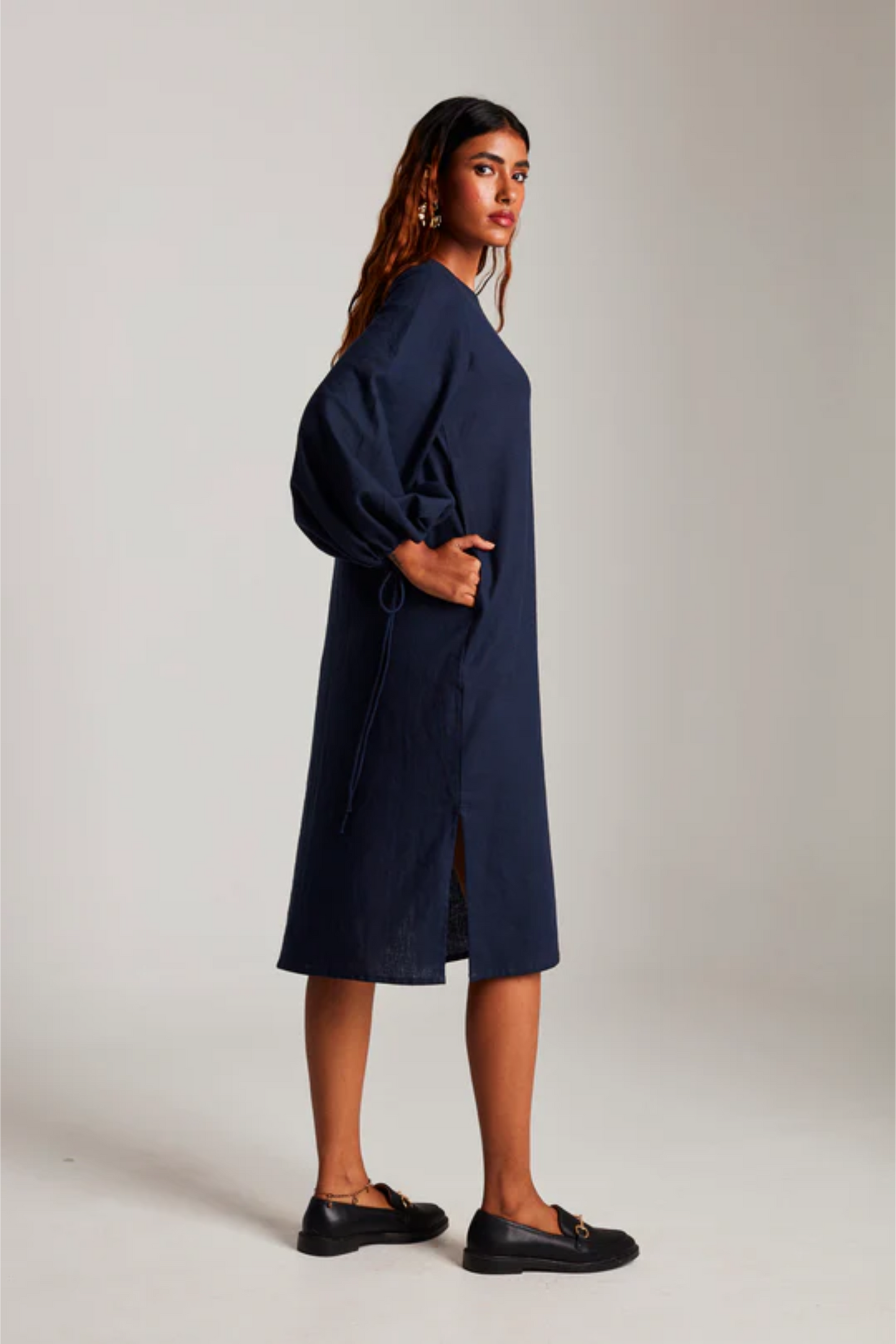 Navy Co-Linen Balloon Sleeves Dress