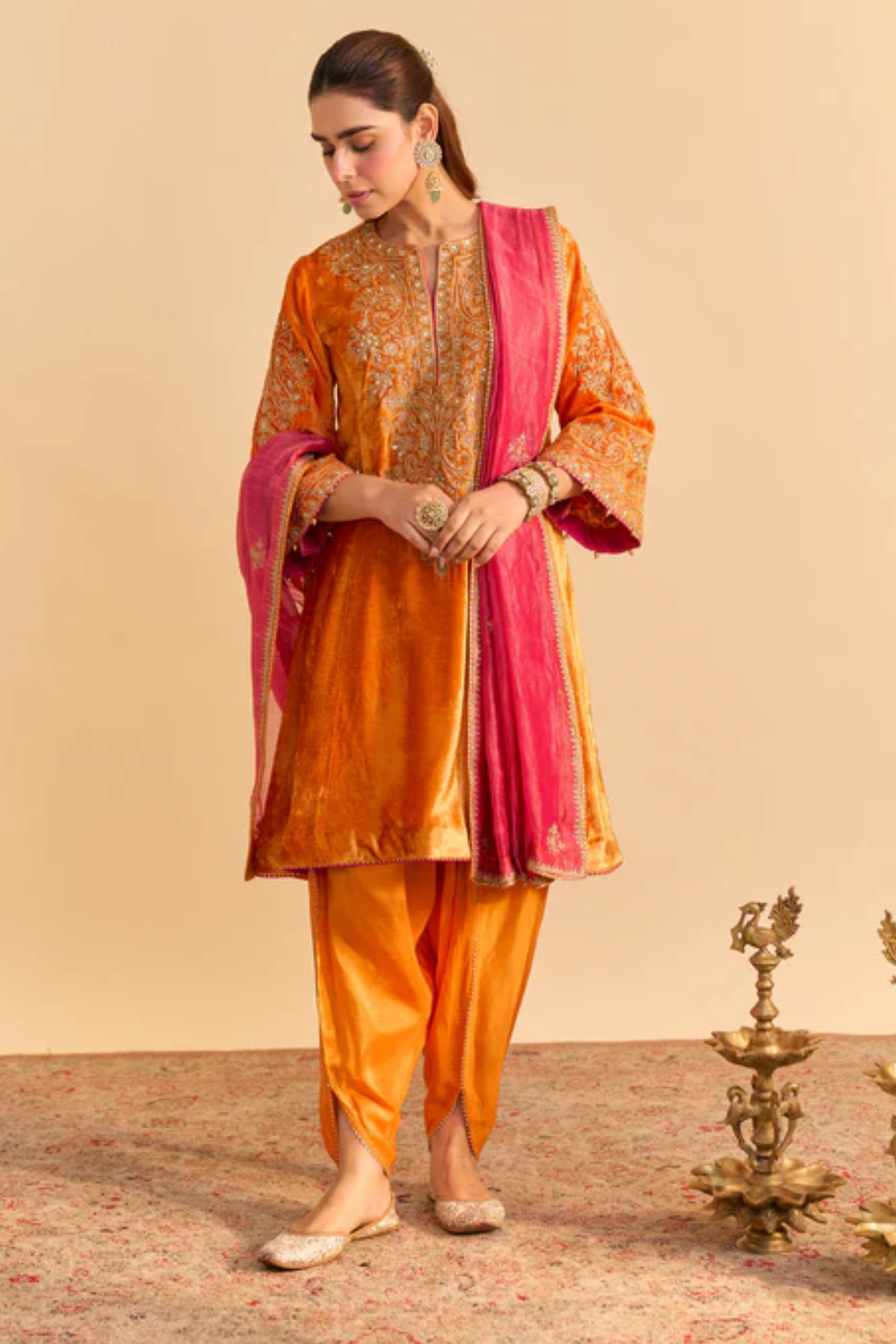 Eira - Silk Velvet Orange A-line Kurta With Dhoti