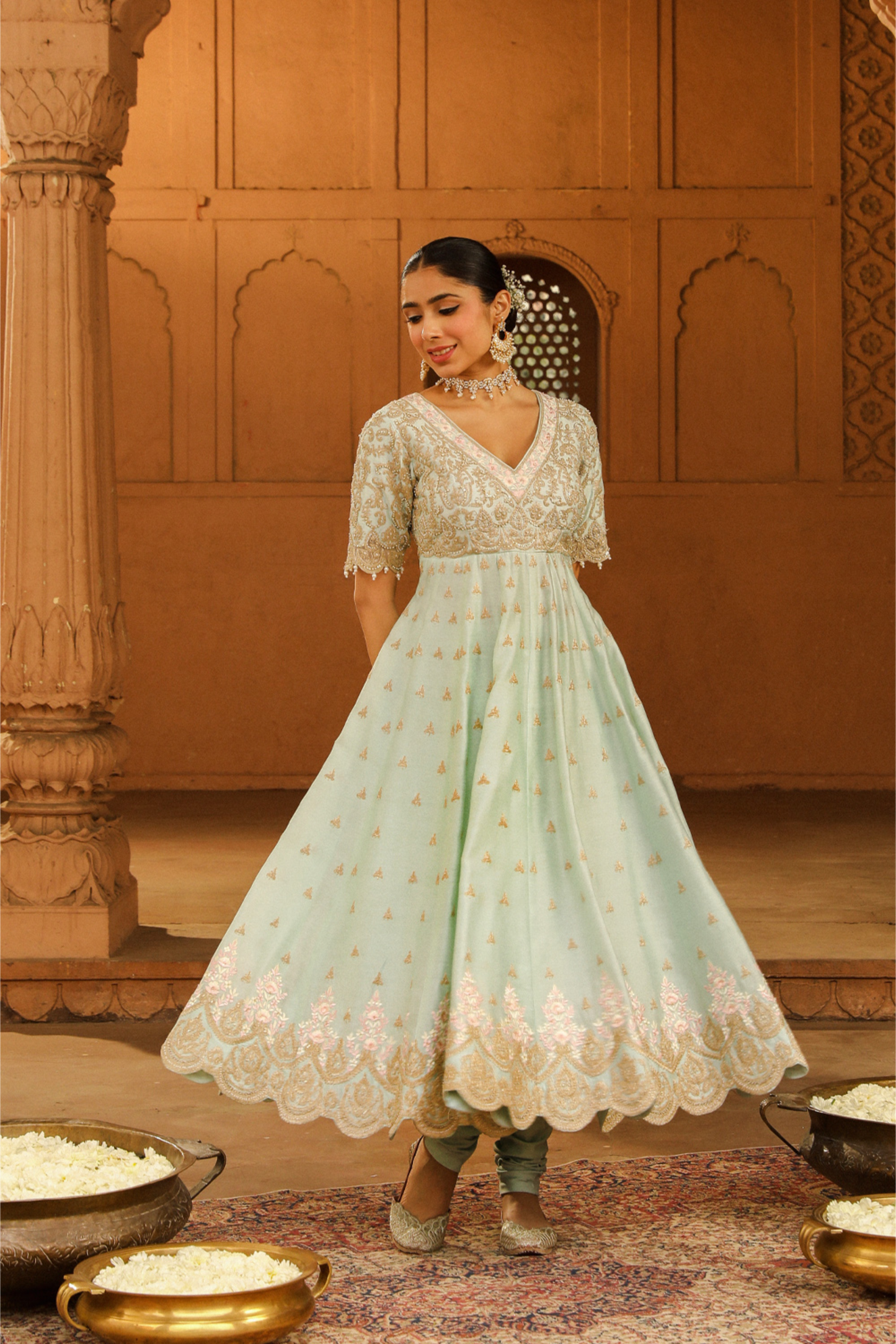 Wasifa Long Anarkali with chooridaar and dupatta - Misty Green