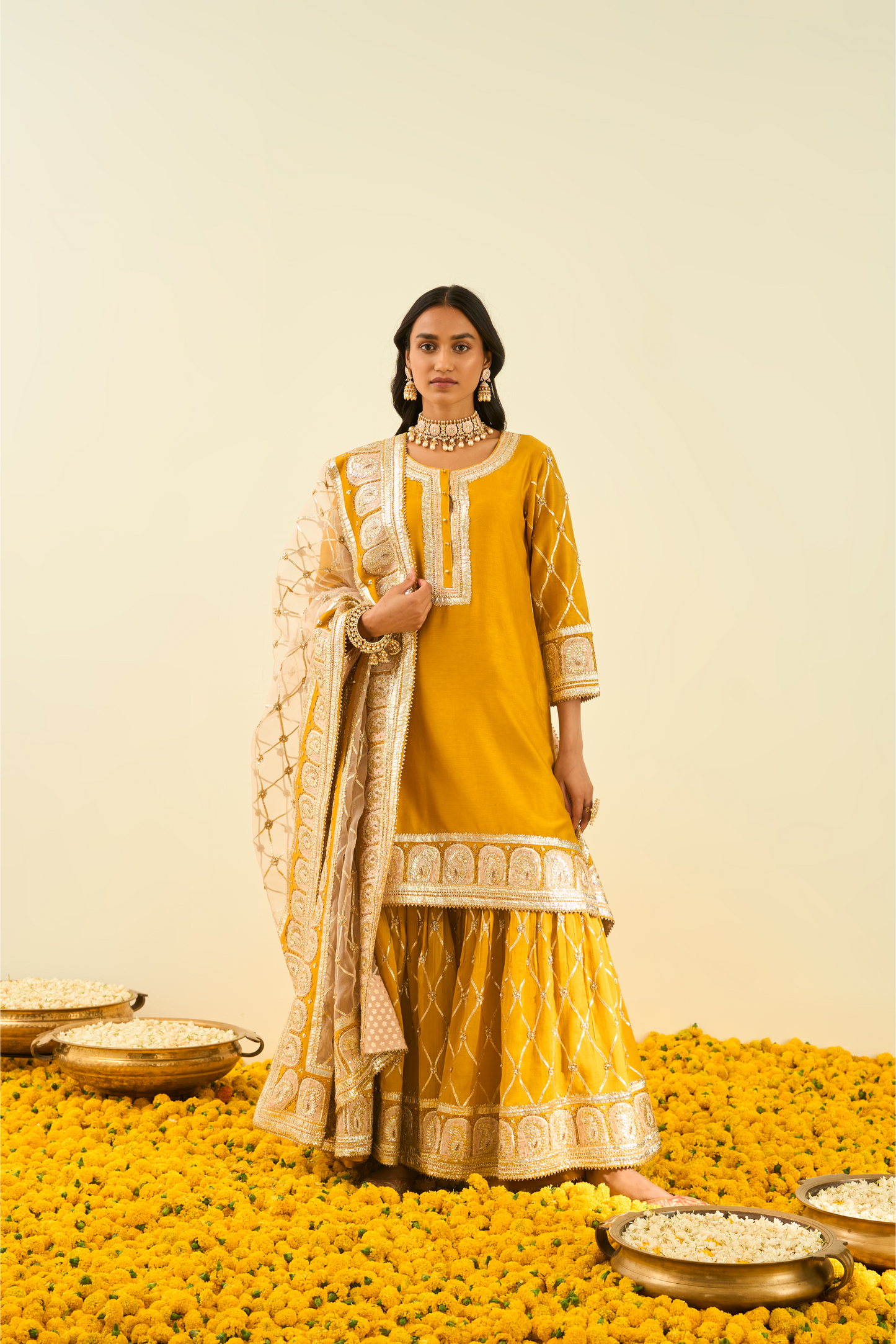 Shabina Kurta with Garara and Dupatta - Glaze Mustard