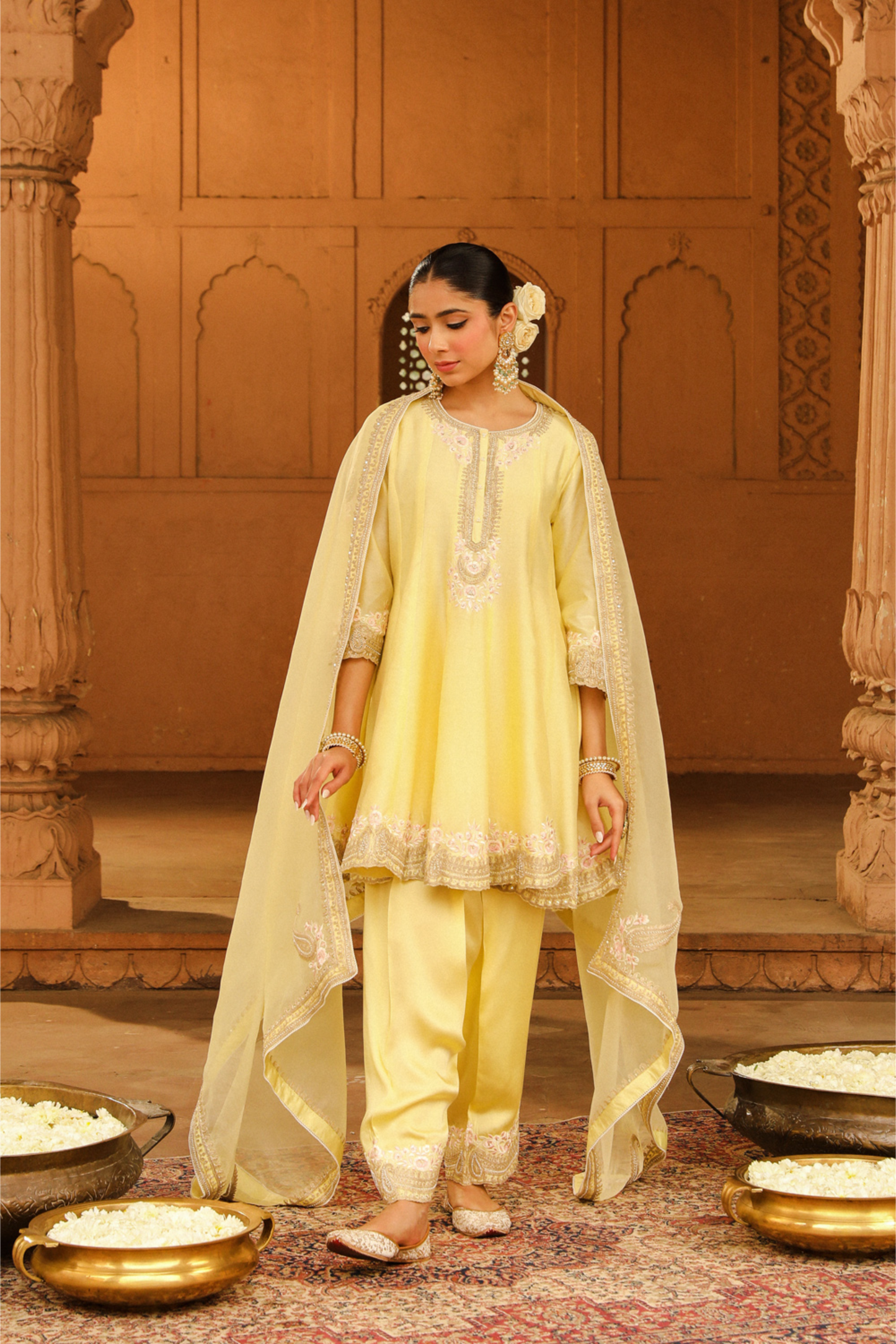 Faria Short Anarkali with salwar and dupatta - Lemon Yellow