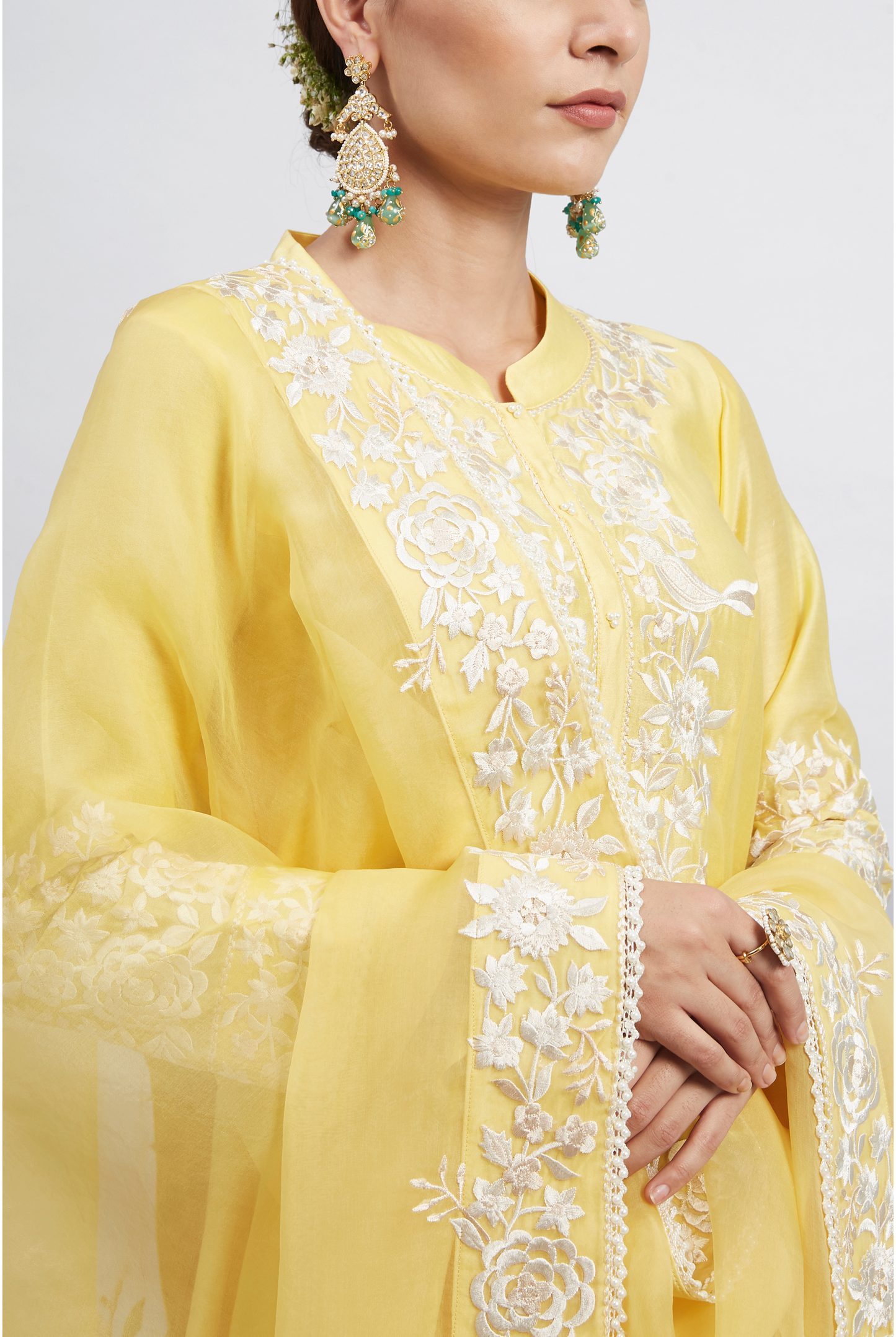 Kaina Pure Chanderi Silk Parsi Gara Embroidered Ensemble - Daffodil Yellow