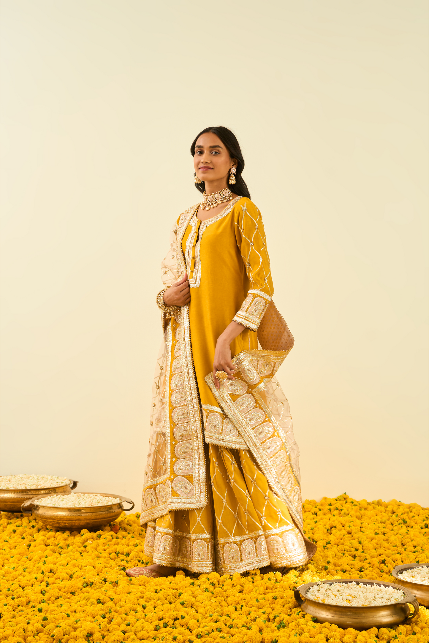 Shabina Kurta with Garara and Dupatta - Glaze Mustard