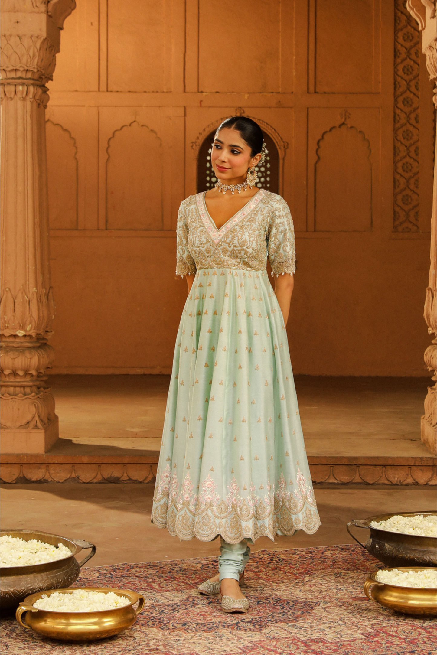 Wasifa Long Anarkali with chooridaar and dupatta - Misty Green