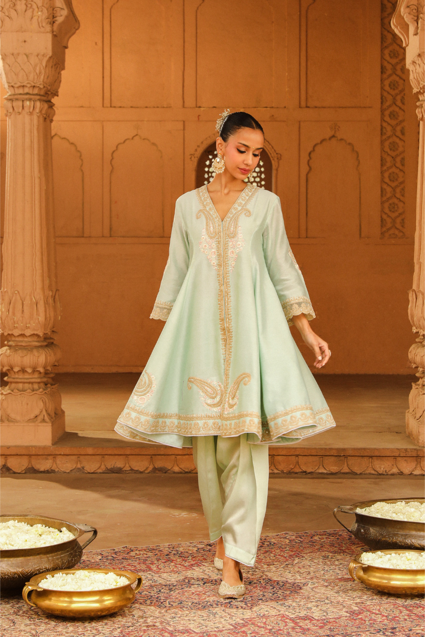 Fajr Short Anarkali with salwar and dupatta - Misty Green