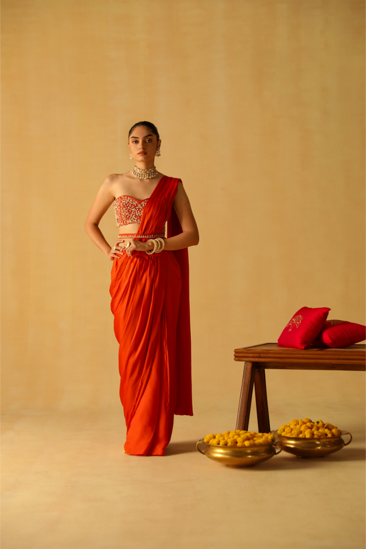 Rumaan Draped Saree - Burnt Orange