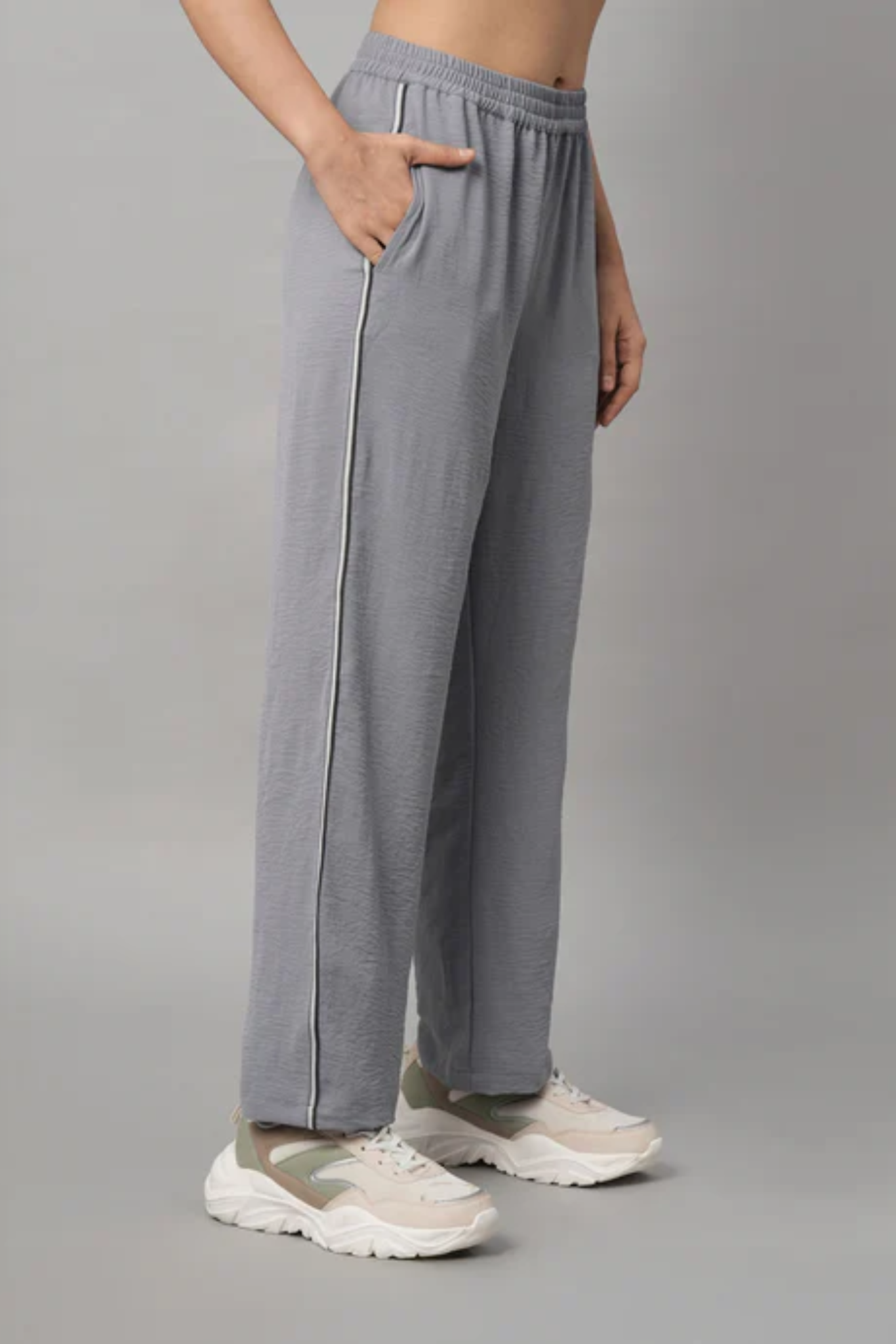 Grey Tie Up Top with Loose Pants Cord Set