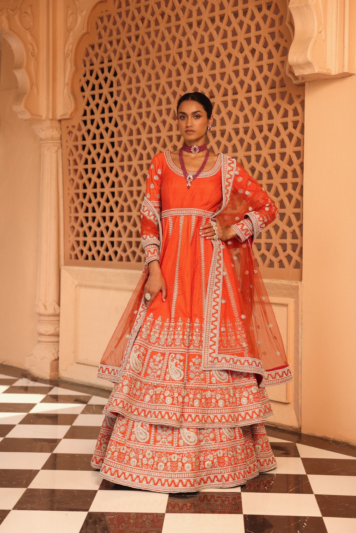 Mariyah - Orange Anarkali with  Lehenga and Dupatta