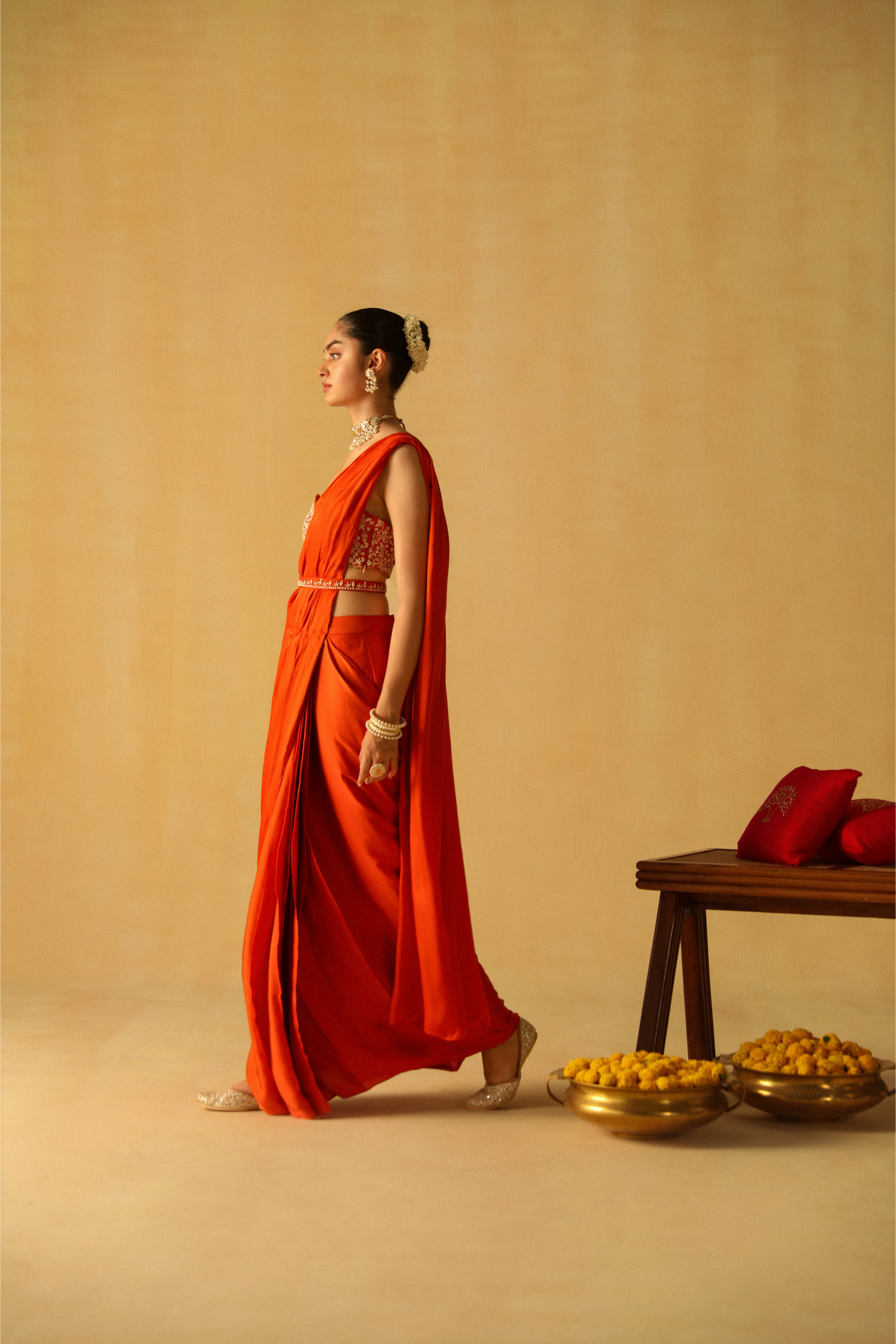 Rumaan Draped Saree - Burnt Orange