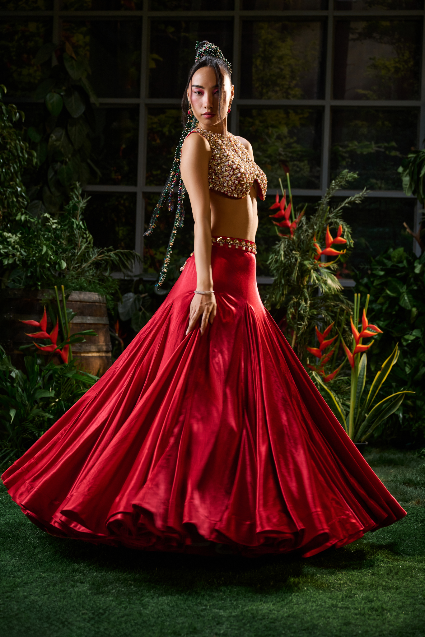 Red Organza and Tulle Lehenga