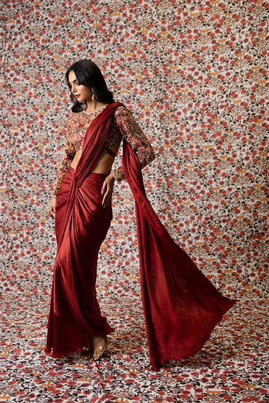 Maroon Mushru Satin Drape set