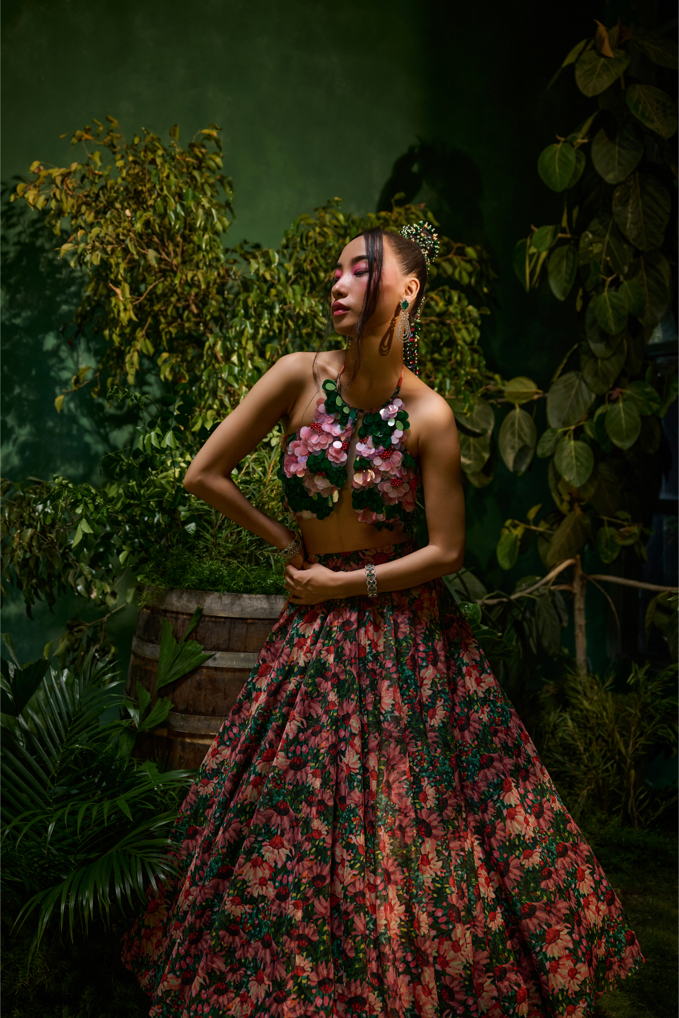 Red and Green Tulle Lehenga