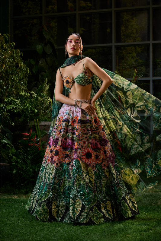 Green and Fuschia Velvet Lehenga