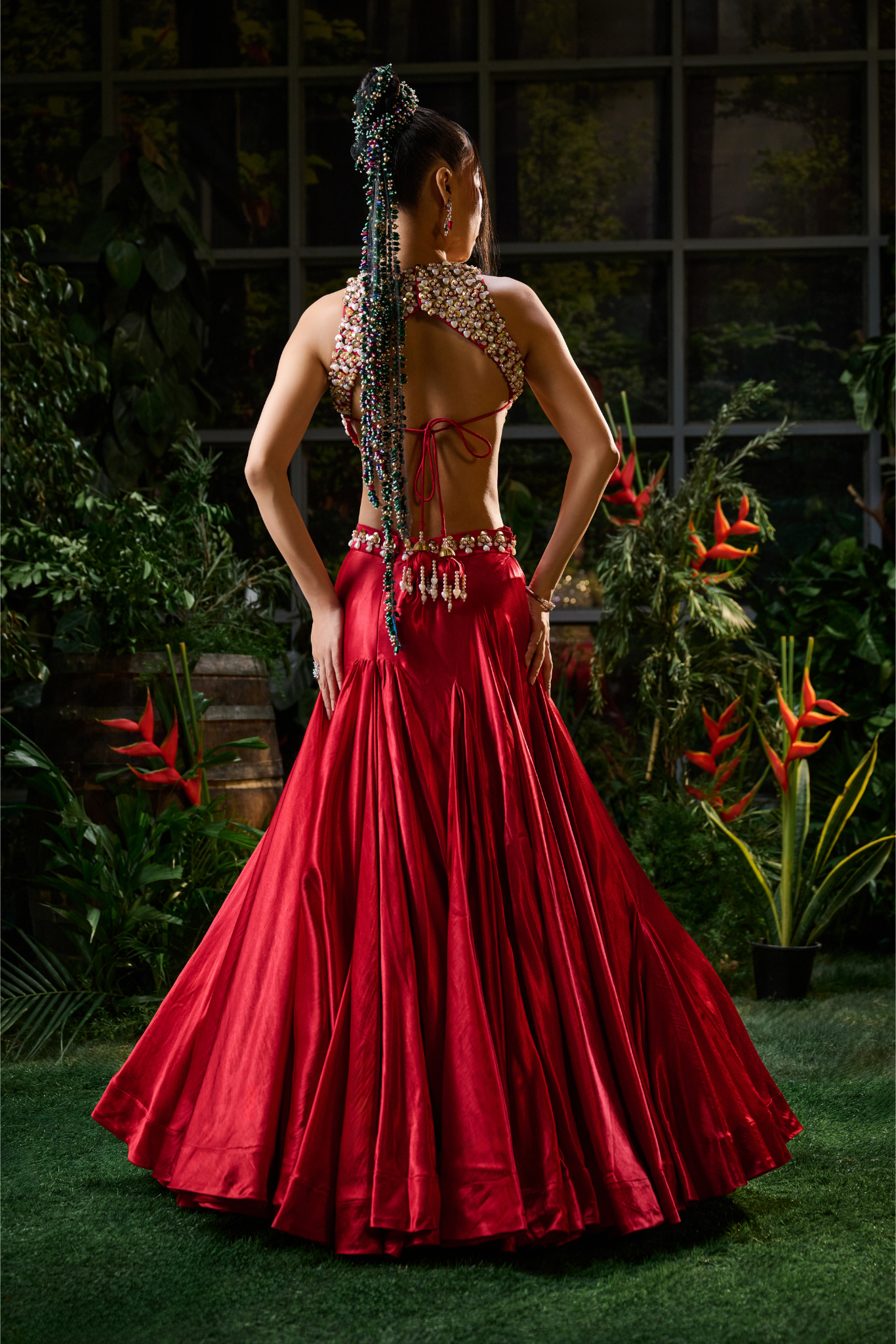 Red Organza and Tulle Lehenga