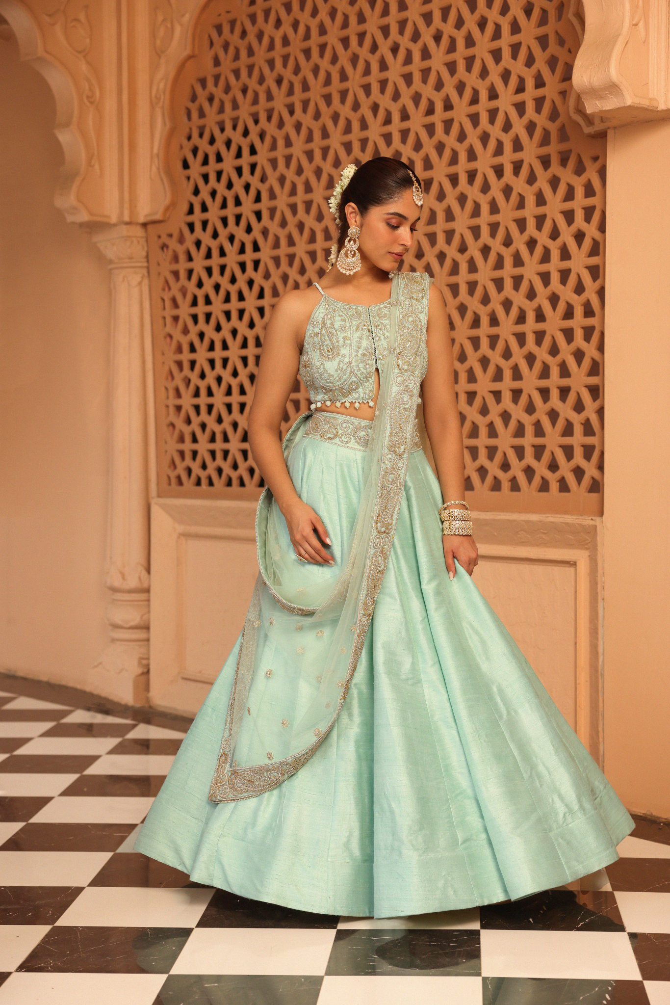 Afsa - Misty Green Lehenga with Blouse and Dupatta