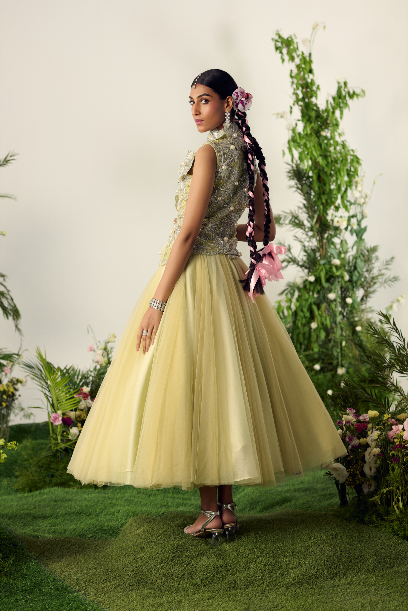 Tulle and Organza Yellow Midi