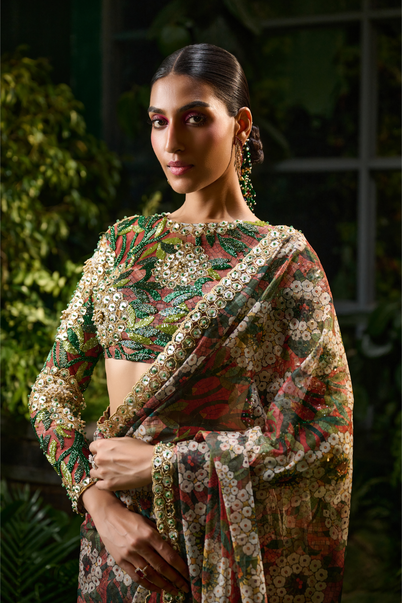 Green and Red Tulle Saree