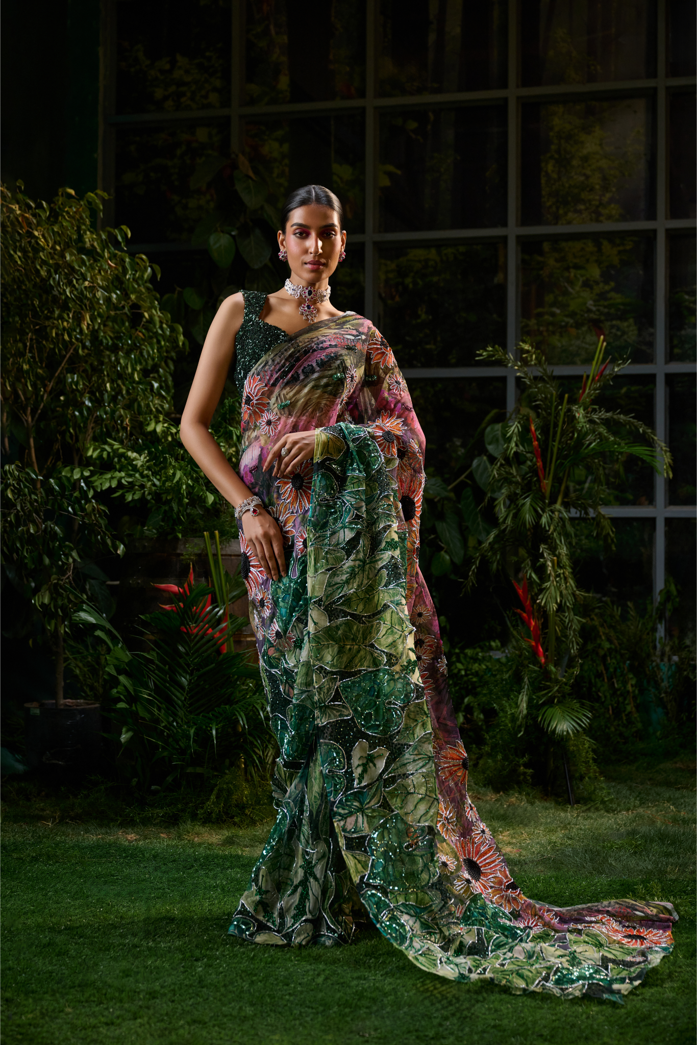 Green and Fuschia Tulle Saree