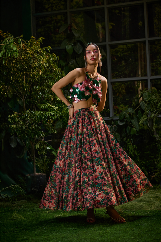 Red and Green Tulle Lehenga