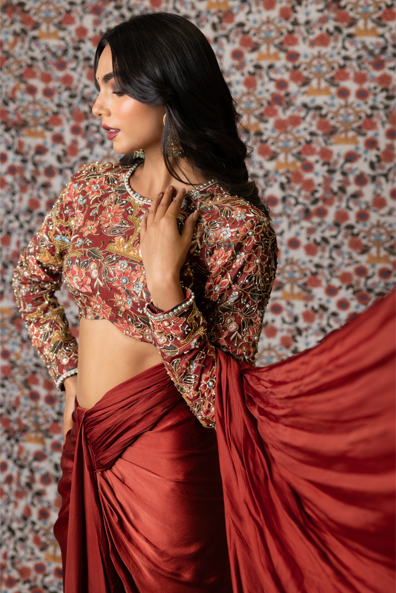 Maroon Mushru Satin Drape set