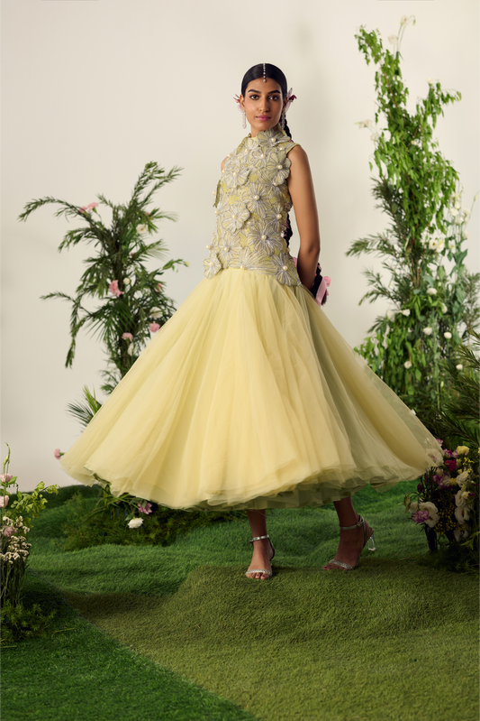 Tulle and Organza Yellow Midi