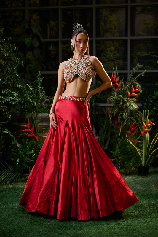 Red Organza and Tulle Lehenga