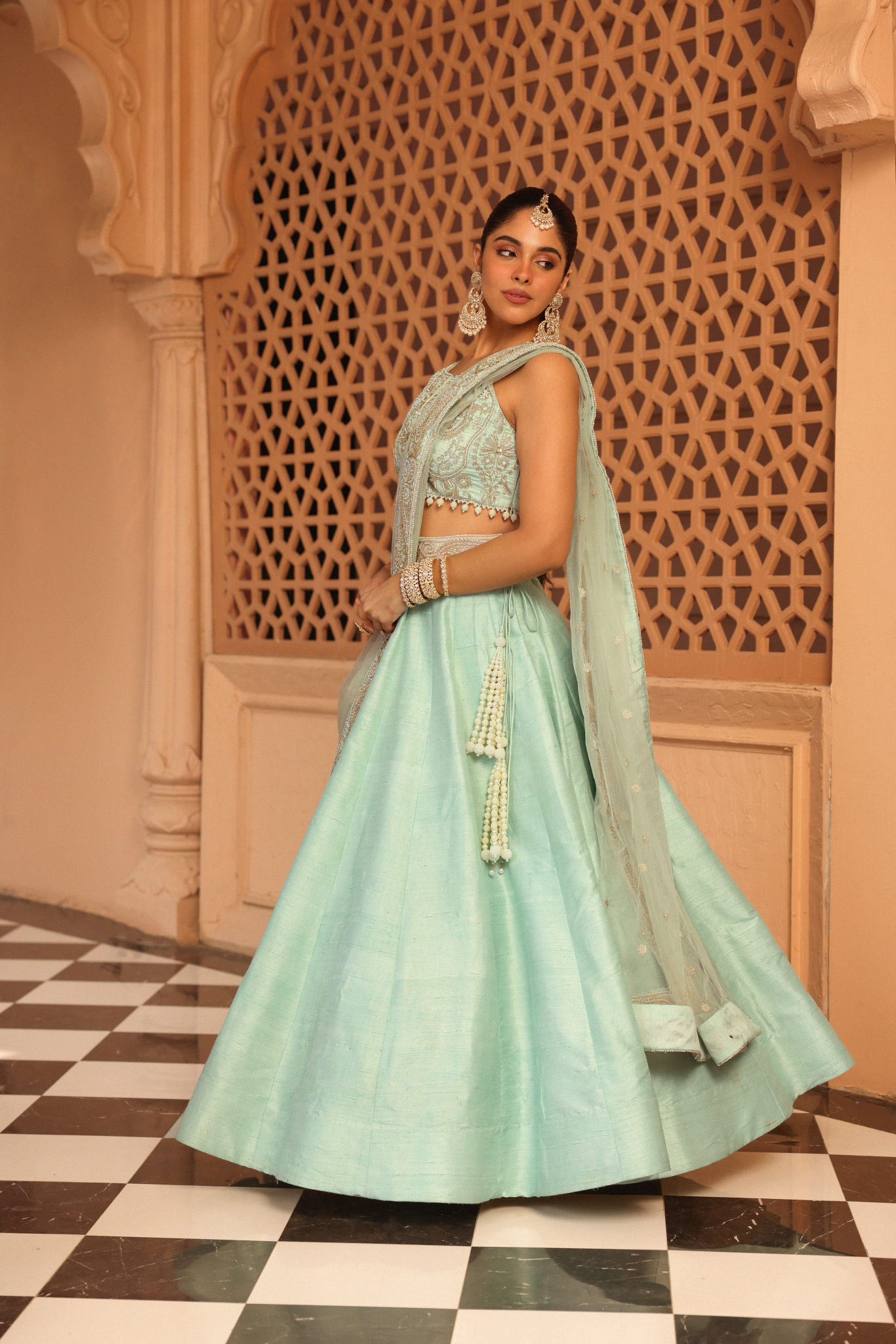 Afsa - Misty Green Lehenga with Blouse and Dupatta