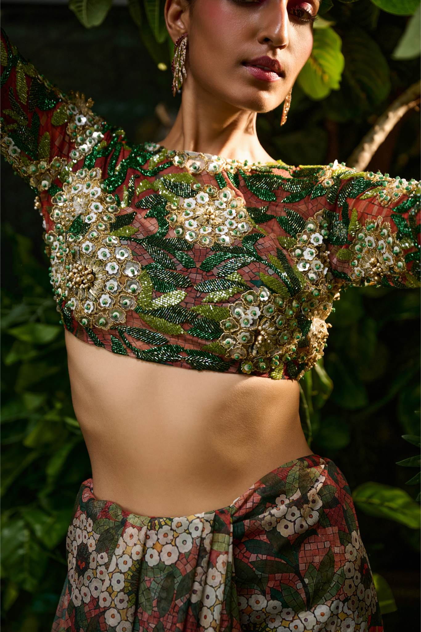 Green and Red Tulle Saree