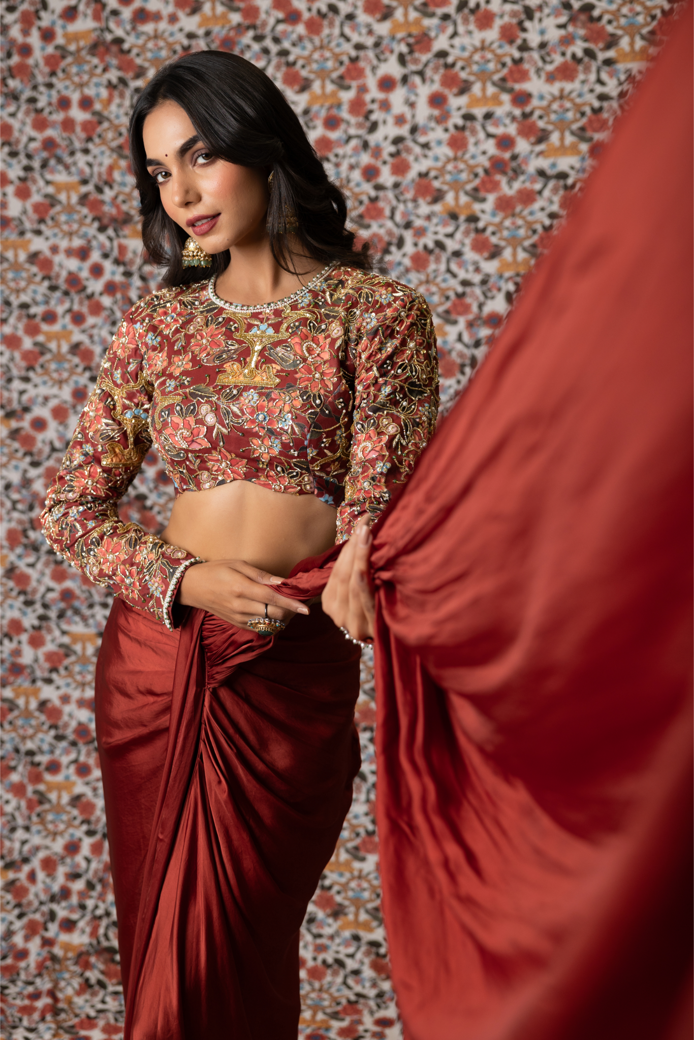 Maroon Mushru Satin Drape set