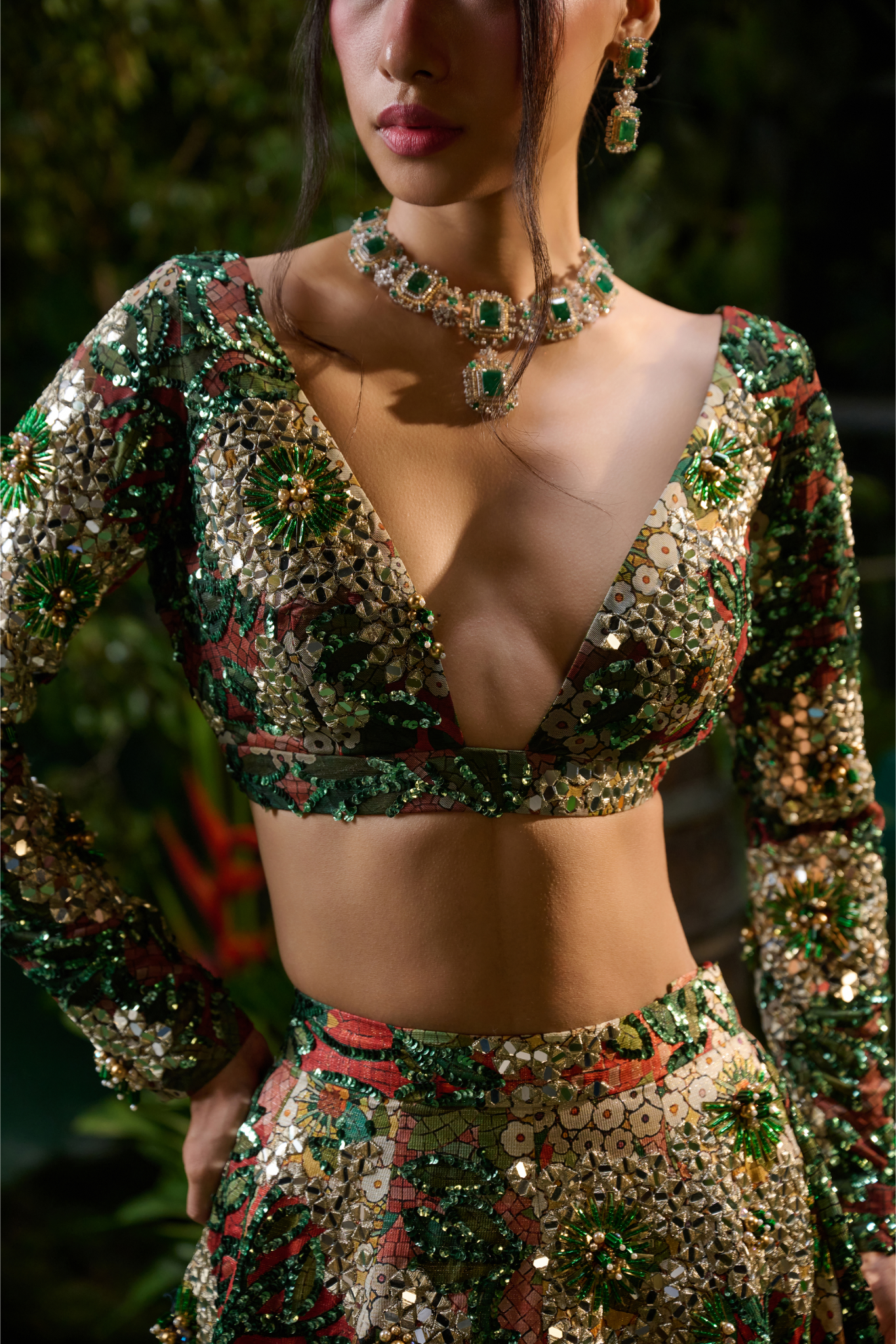 Green and Red Zari Satin Lehenga