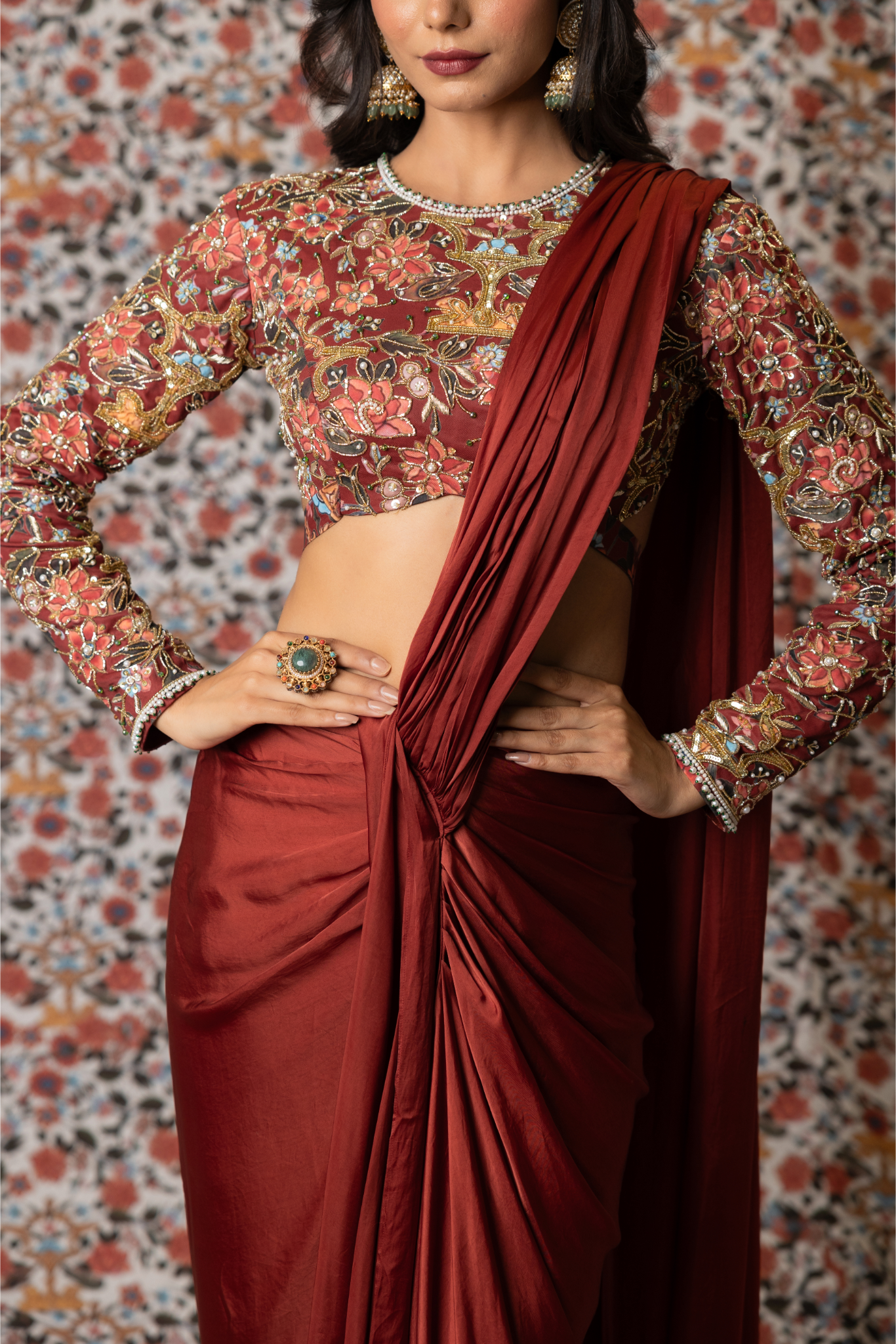 Maroon Mushru Satin Drape set