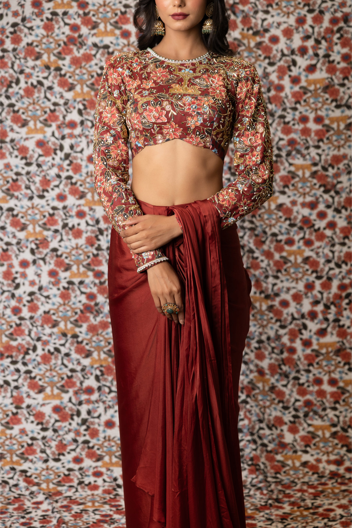 Maroon Mushru Satin Drape set