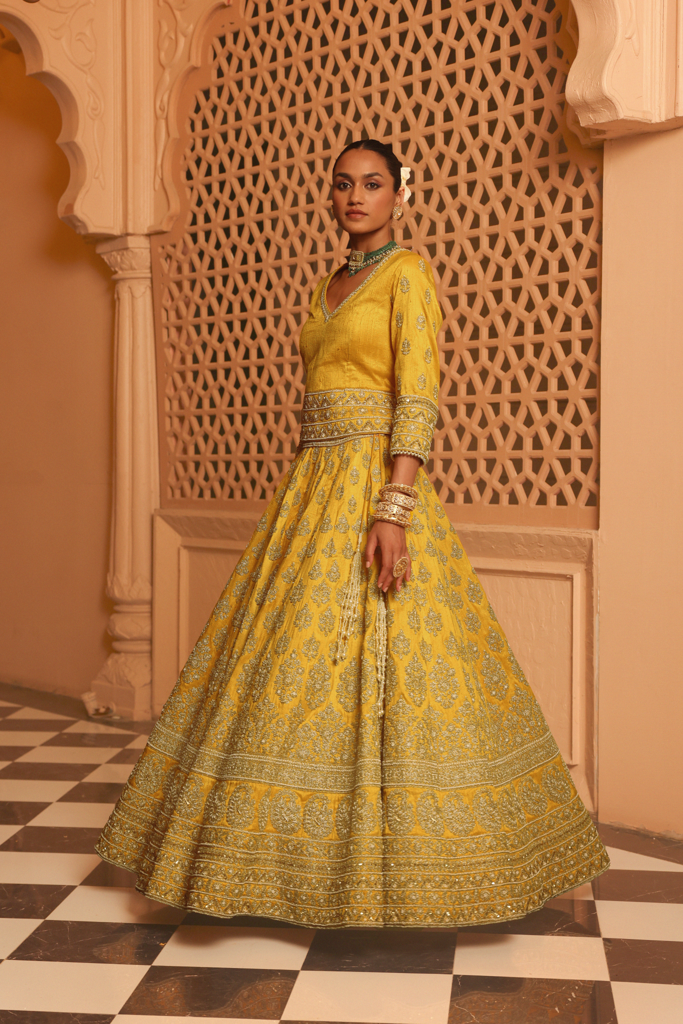 Noorali - Mustard Lehenga with Choli and Dupatta