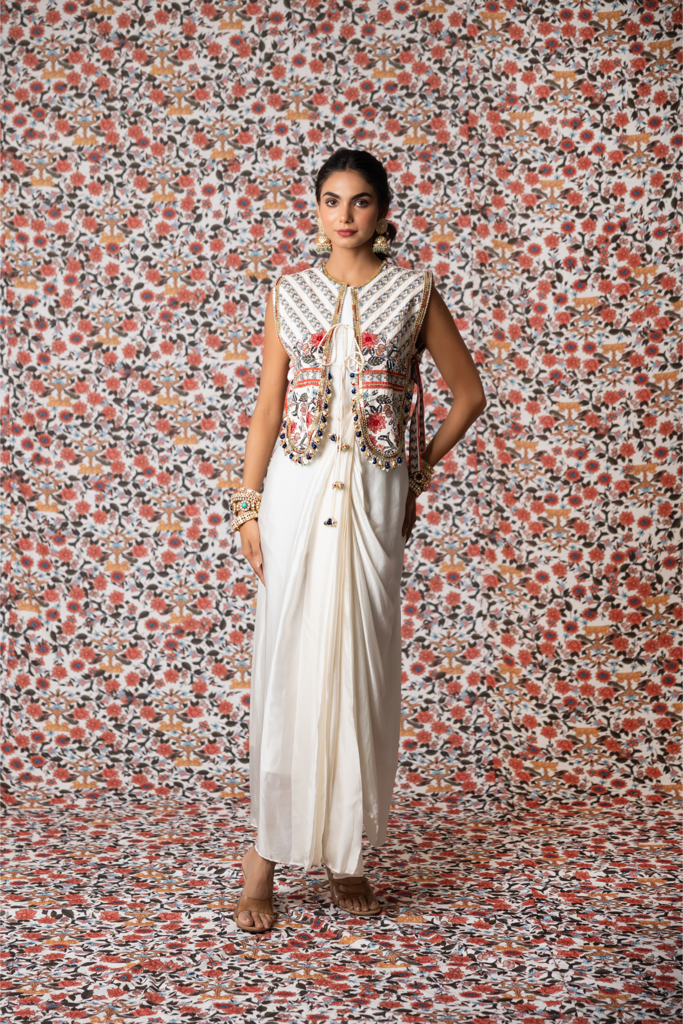 White Mushru satin Dress with cape