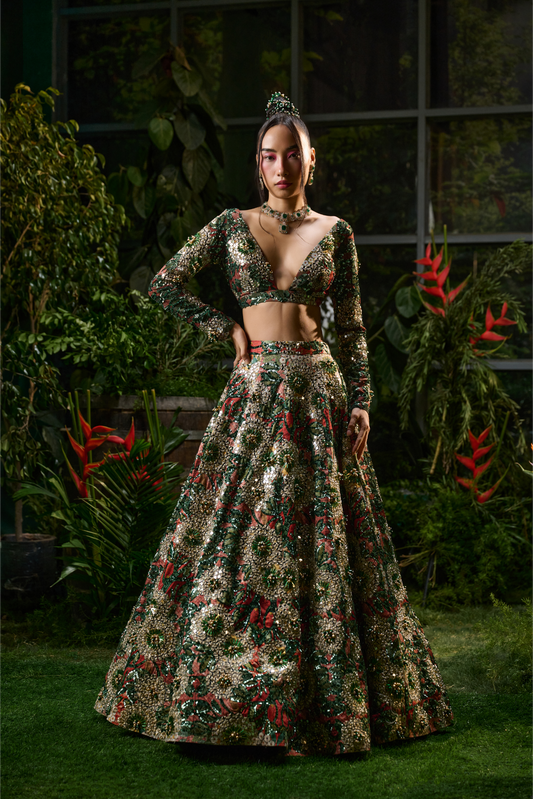 Green and Red Zari Satin Lehenga