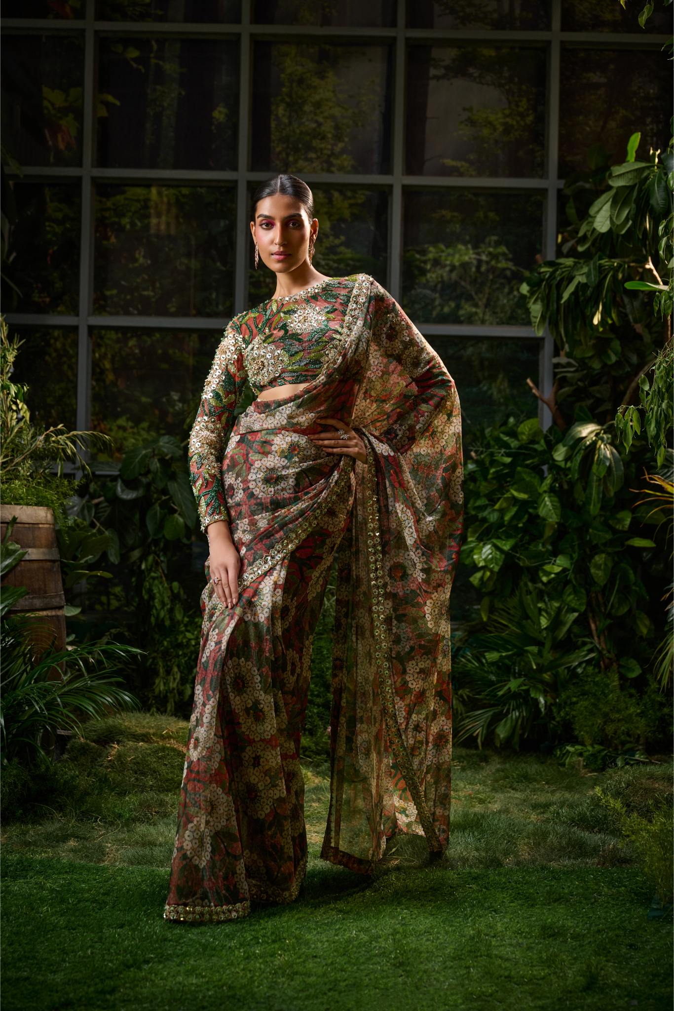 Green and Red Tulle Saree